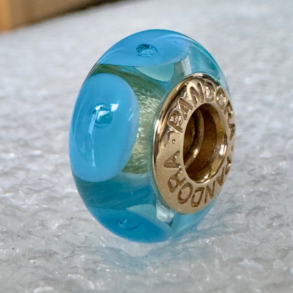 Pandora Light Blue Mystic 14kt  Gold Murano Glass Bead Charm 750403